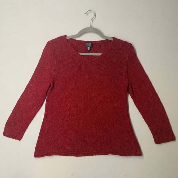 Eileen Fisher Sweaters - Eileen Fisher Women Sweater M Red Linen Blend Knit Sheer 3/4 Sleeve Lightweight